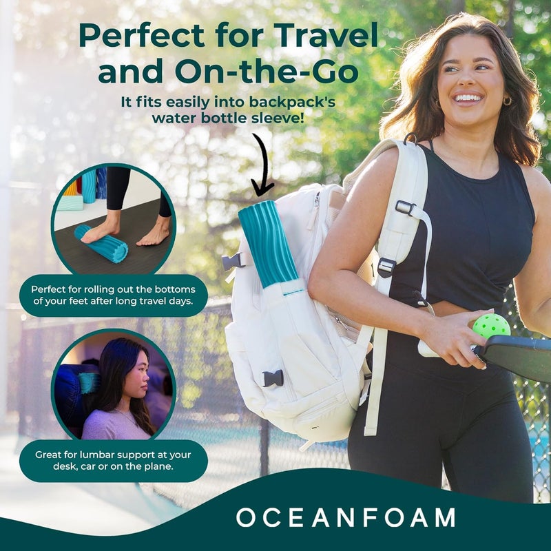 Oceanfoam Ripple Travel Foam Roller (11" x 3.35") Firm Mini Foam Roller for Physical Therapy, Deep Tissue Massage, Back Pain, High Density, Ergonomic Wave Textured, Yoga, Pilate, Exercise (Miami Blue) - Image 3